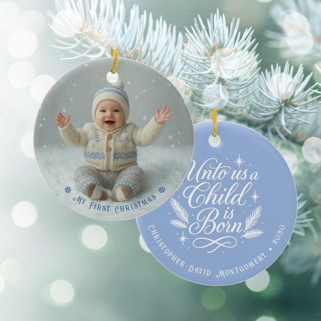 My First Christmas Blue Personalised Photo Ceramic Tree Decoration (My First Christmas Blue Personalized Photo Ceramic Ornament (front and back))