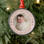 My First Christmas Blush Personalized Baby Photo Metal Tree Decoration<br><div class="desc">Personalize this modern and elegant 'My First Christmas' ornament with your baby girl's photo, her full name, and the year of her birth. Elegant pastel blush pink and pewter gray round-shaped text and snowflake accents beautifully frames her photo. Photo tip: crop photo to a square format before uploading to the...</div>