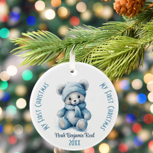 My First Christmas Boy Custom Name Blue Bear Ceramic Tree Decoration