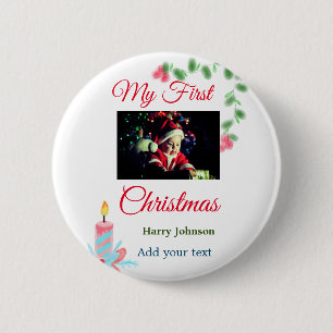 My first Christmas candle add baby photo name leav 6 Cm Round Badge