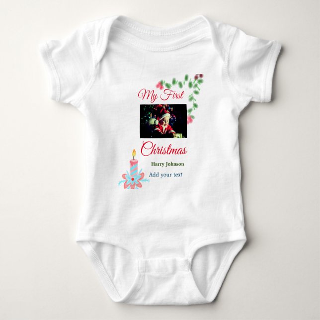 My first Christmas candle add baby photo name leav Baby Bodysuit (Front)