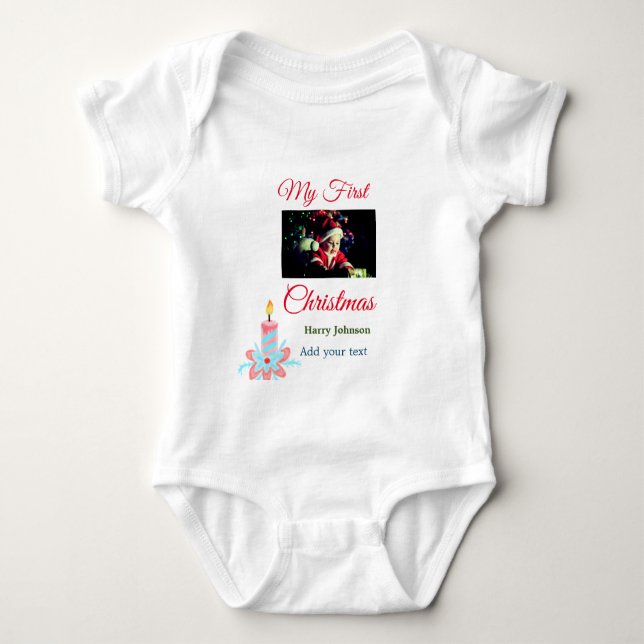 My first Christmas candle add baby photo name leav Bodysuit (Front)