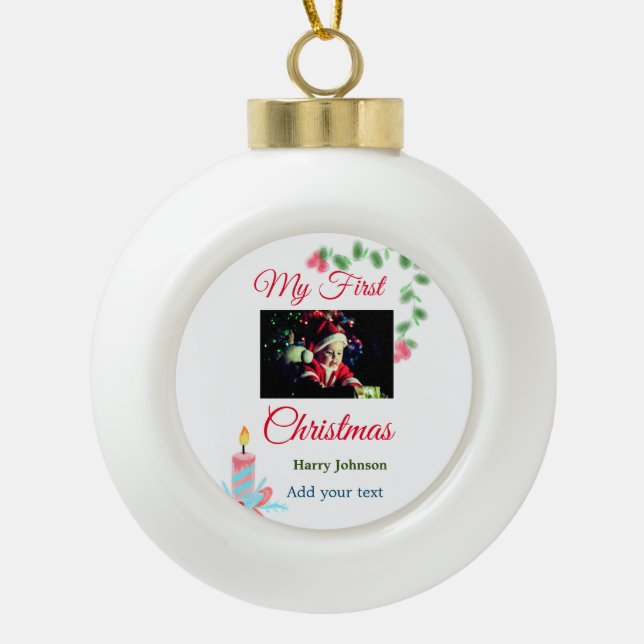My first Christmas candle add baby photo name leav Ceramic Ball Christmas Ornament (Front)