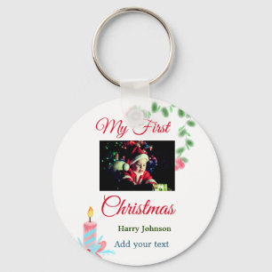 My first Christmas candle add baby photo name leav Key Ring
