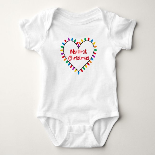 My First Christmas Colourful Lights Heart Cute Gif Baby Bodysuit (Front)