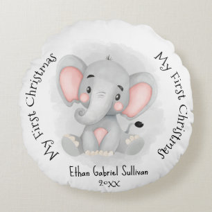 My First Christmas Custom Name Elephant Christmas Round Cushion