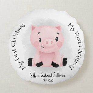 My First Christmas Custom Name Pig Christmas Round Cushion