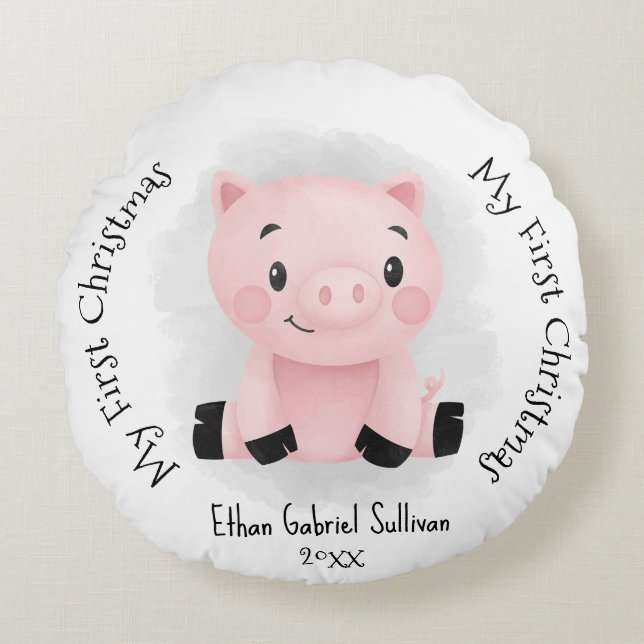 My First Christmas Custom Name Pig Christmas Round Cushion (Front)