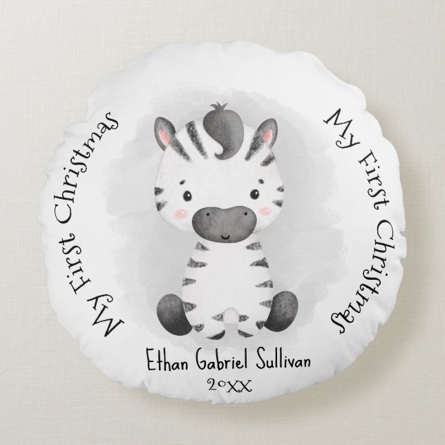 My First Christmas Custom Name Zebra Christmas Round Cushion (Front)
