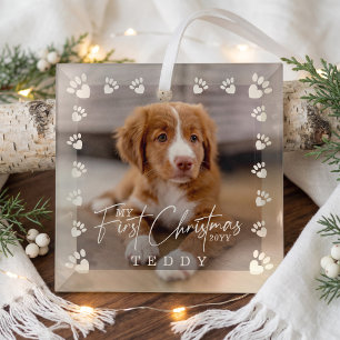 My First Christmas Custom Pet Dog Photo Paw Print Glass Tree Decoration
