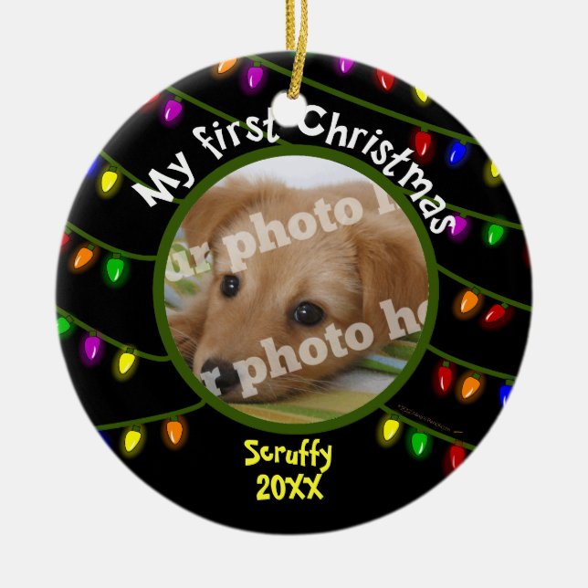 My First Christmas Custom Pet Photo Fun Lights Ceramic Tree Decoration (Front)