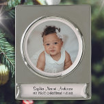 My First Christmas Custom Photo Name Cute Pink Silver Plated Banner Ornament<br><div class="desc">Create an adorable ornament to celebrate baby's first Christmas. The pretty decoration incorporates a round photo frame for you to add a favourite photo of your little one. The photo will be shown with a pale pink surround, and the text panel underneath is pale pink with black text. Add your...</div>