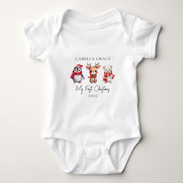 My First Christmas Cute Animals 1st Christmas Name Baby Bodysuit (Front)