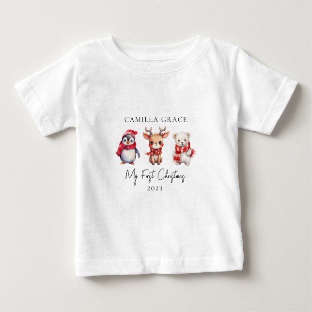 My First Christmas Cute Animals 1st Christmas Name Baby T-Shirt (Front)