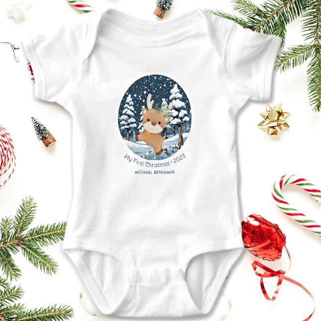 My First Christmas Cute Deer in Snow Baby Bodysuit (My First Christmas Bodysuit. Cute baby deer prancing in snow. Personalize name and year.)