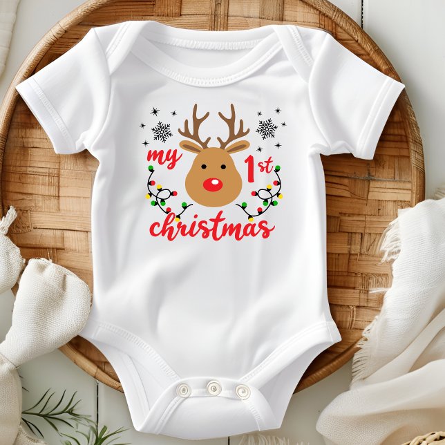 My First Christmas Cute Modern Reindeer Snowflakes Baby Bodysuit (Creator Uploaded)