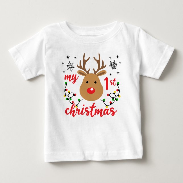 My First Christmas Cute Modern Reindeer Snowflakes Baby T-Shirt (Front)
