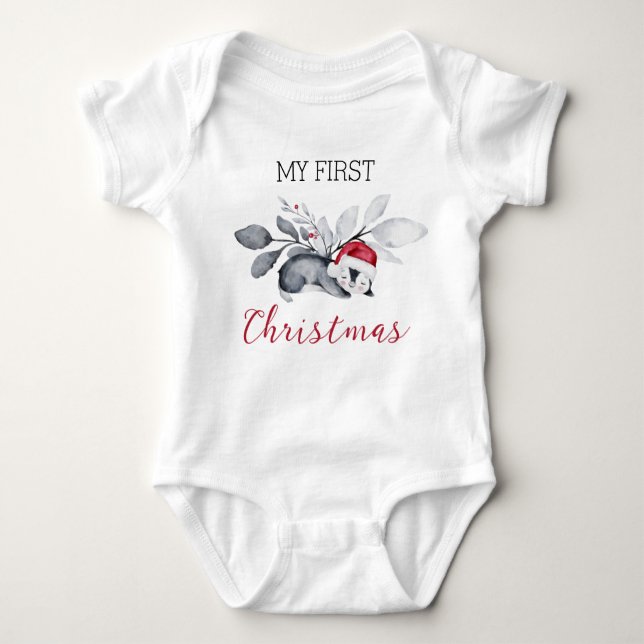 My First Christmas Cute Penguin Modern Botanical  Baby Bodysuit (Front)