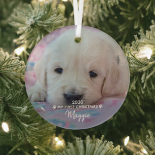 My First Christmas - Cute Puppy Dog Pet Photo Glass Tree Decoration