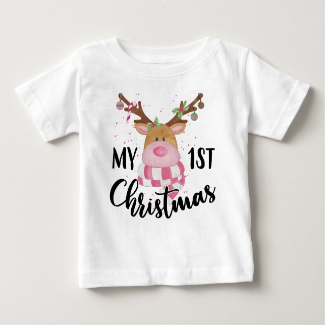 My First Christmas Cute Reindeer Baby Girl T-Shirt (Front)
