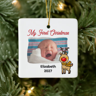 My First Christmas Cute Reindeer Custom Photo Ceramic Ornament