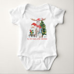 My First Christmas Cute Santa and Helpers Baby Bodysuit<br><div class="desc">Cute bodysuit for a baby boy or baby girl's first Christmas. The design features a watercolor illustration of Santa and his Helpers with a decorated Christmas tree and a sledge loaded with gifts. The wording reads "my first merry little christmas" in whimsical typography and the template is set up for...</div>