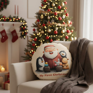 My First Christmas Cute Santa & Animals Round Cushion