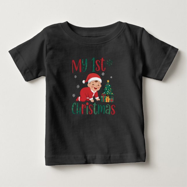 My First Christmas Cute Santa Baby Holiday Tree Baby T-Shirt (Front)