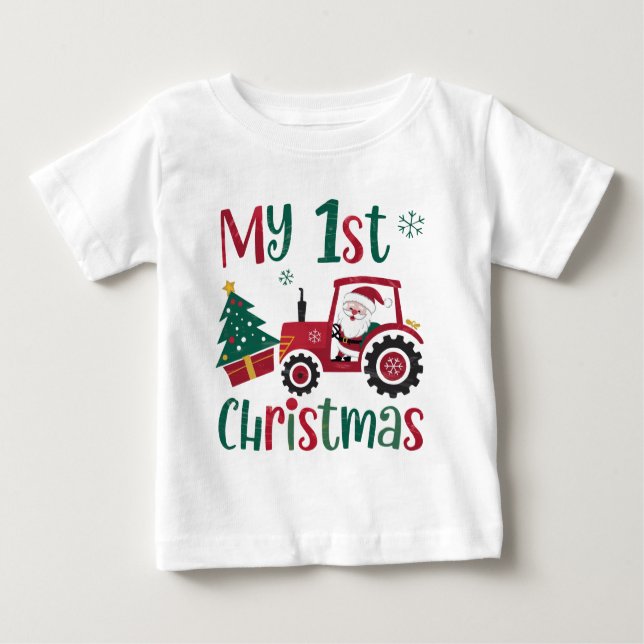 My First Christmas Cute Santa Tractor Farm Baby T-Shirt (Front)