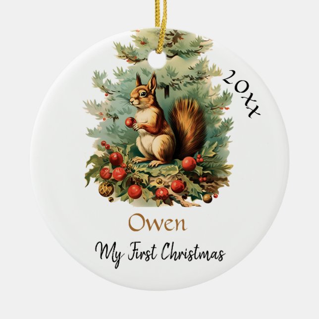 My First Christmas Cute Squirrel Baby Name Ceramic Tree Decoration (Front)