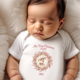 My First Christmas Deer Custom Name Beige Neutral Baby Bodysuit