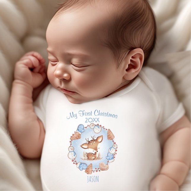 My First Christmas Deer Custom Name Blue Boy Baby Bodysuit (My First Christmas Deer Custom Name Blue Boy Baby Bodysuit)