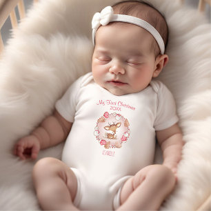 My First Christmas Deer Custom Name Pink Girl Baby Bodysuit