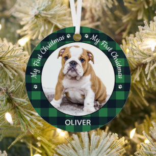 My First Christmas Dog Puppy Pet Photo Green Plaid Metal Tree Decoration
