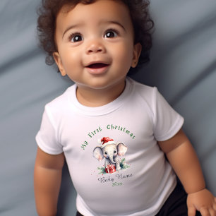 My First Christmas Elephant Custom Name Keepsake Baby Bodysuit