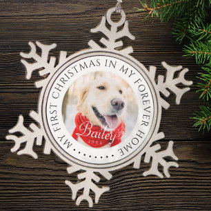 My First Christmas Forever Home Modern Pet Photo Snowflake Pewter Christmas Ornament