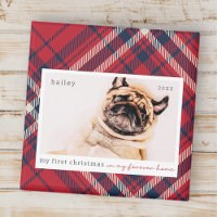 My First Christmas Forever Home Plaid Pet Photo