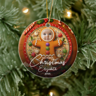 My First Christmas Fun Cute Gingerbread Photo Ceramic Tree Decoration