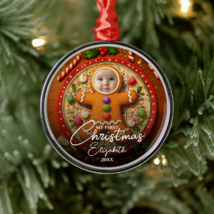 My First Christmas Fun Cute Gingerbread Photo Metal Tree Decoration