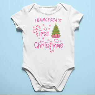 My First Christmas Gifts and Christmas Tree Pink Baby Bodysuit