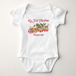My First Christmas Gingerbread Train Red Candy Baby Bodysuit