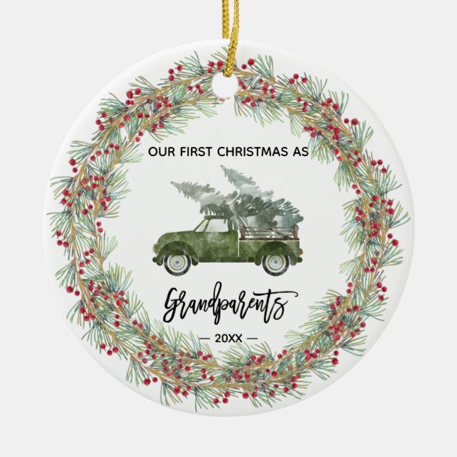 My First Christmas Grandparents Truck Greenery Ceramic Tree Decoration (Front)
