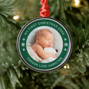 My First Christmas Green Baby Boy Photo Metal Tree Decoration
