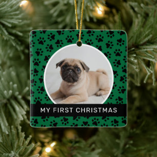My First Christmas Green Custom Puppy Photo Ceramic Ornament