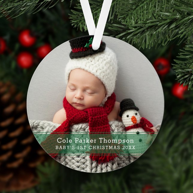 My First Christmas Green Stripe Custom Baby Photo Ornament (Creator Uploaded)