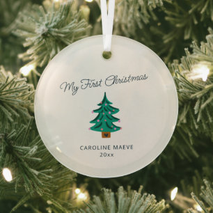My First Christmas Hand Drawn Tree Baby Name Year Glass Tree Decoration