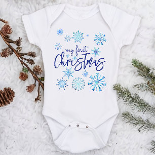 My first Christmas kid blue snowflakes Baby Bodysuit