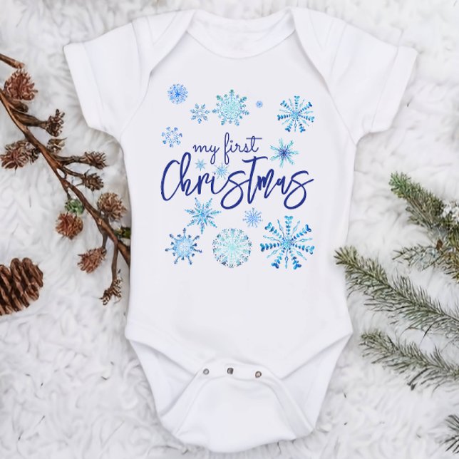 My first Christmas kid blue snowflakes Baby Bodysuit (Creator Uploaded)