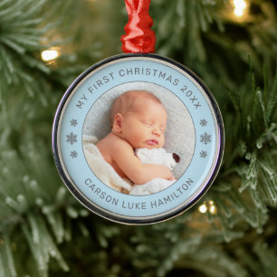 My First Christmas Light Blue Baby Boy Photo Metal Tree Decoration