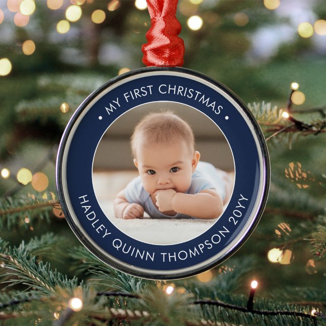 My First Christmas Modern Baby Photo Navy & White Metal Tree Decoration (Creator Uploaded)